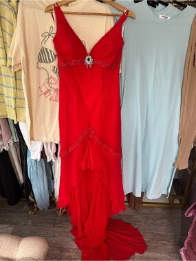 Tiffany Designs Red Beaded High-Low Vintage Silk Evening Gown